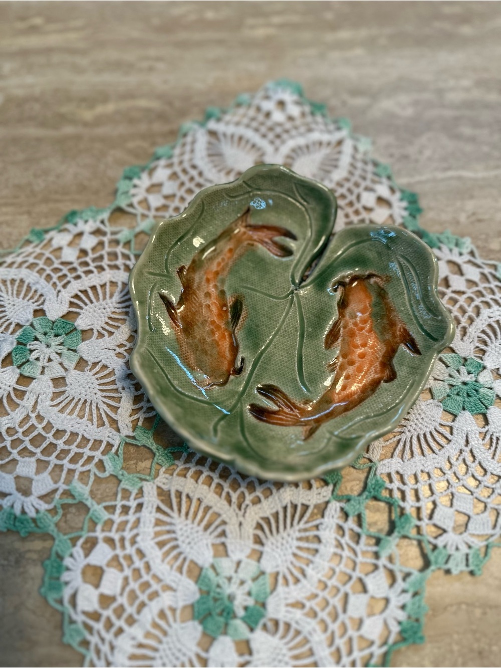 Handcrafted Green Ceramic Koi Dish Trinket with Orange Fish Design